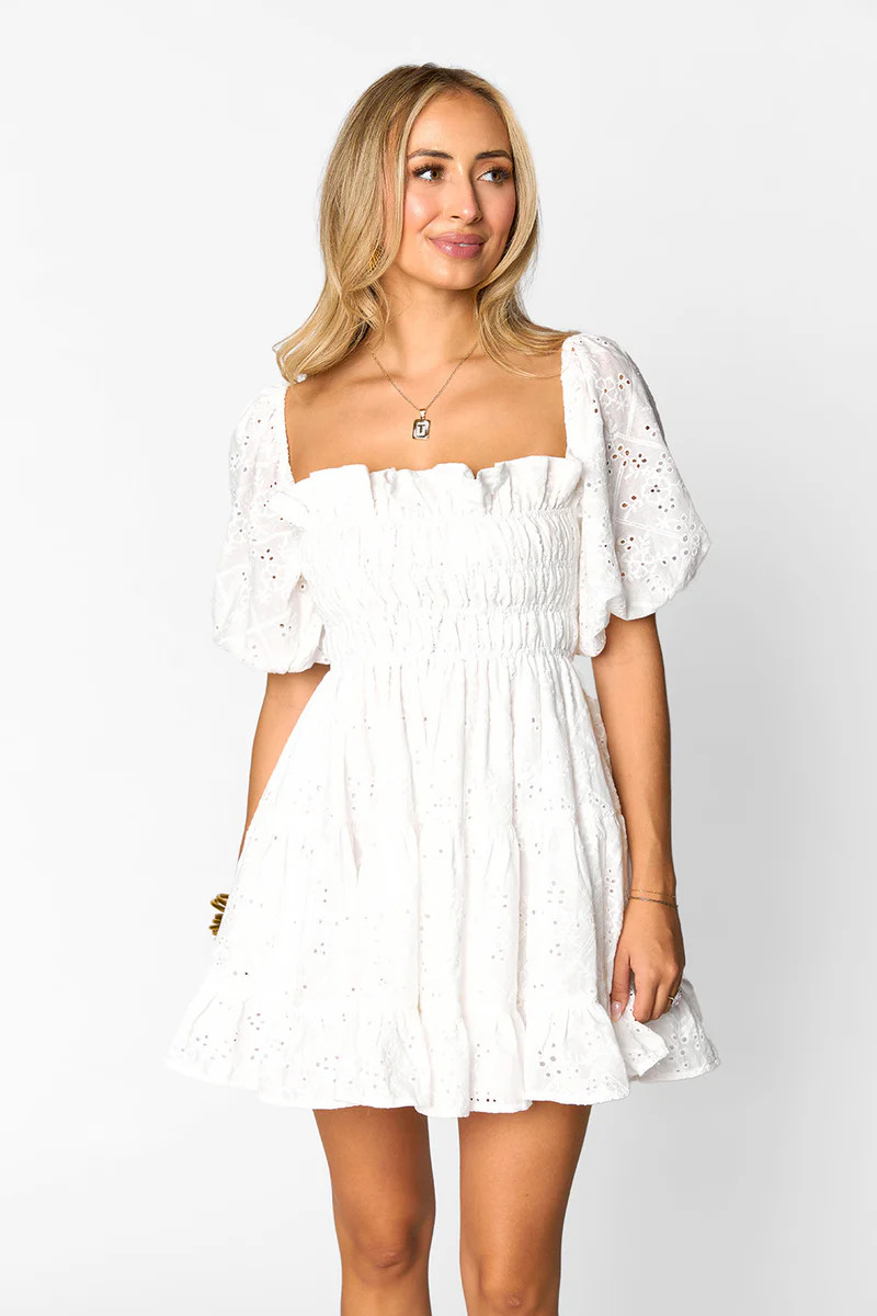 Spencer Puff Sleeve Mini Dress - White | BuddyLove
