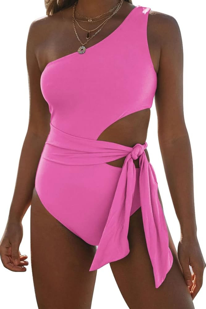 LILLUSORY Women One Shoulder Tummy Control Swimsuits Tie Side One Piece Monokinis Cut Out Sexy Bathi | Amazon (US)