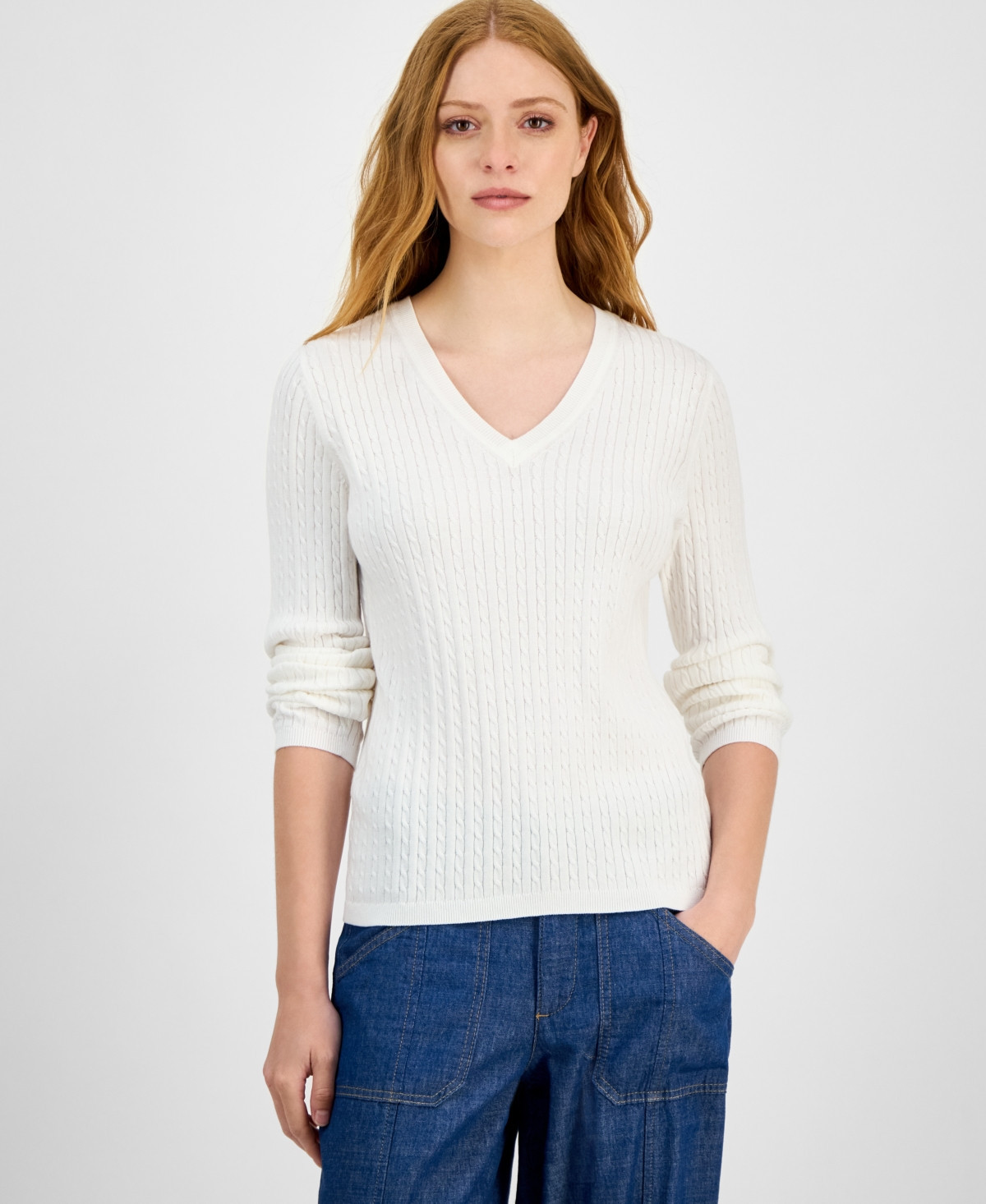 Nautica Jeans Women's V-neck Cable Knit Sweater, Online Only - Ivory | Macy's