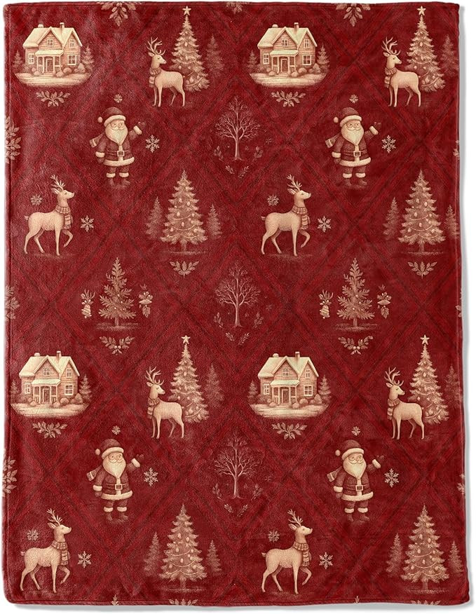 Christmas Decorative Throw Blanket Santa with Reindeer and Red Vintage Print Decoration, Soft Fla... | Amazon (US)