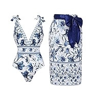 FLAXMAKER Blue and White V Neck Lace Up Strip Plant Prints One Piece Swimsuit and Skirt/Sarong | Amazon (US)