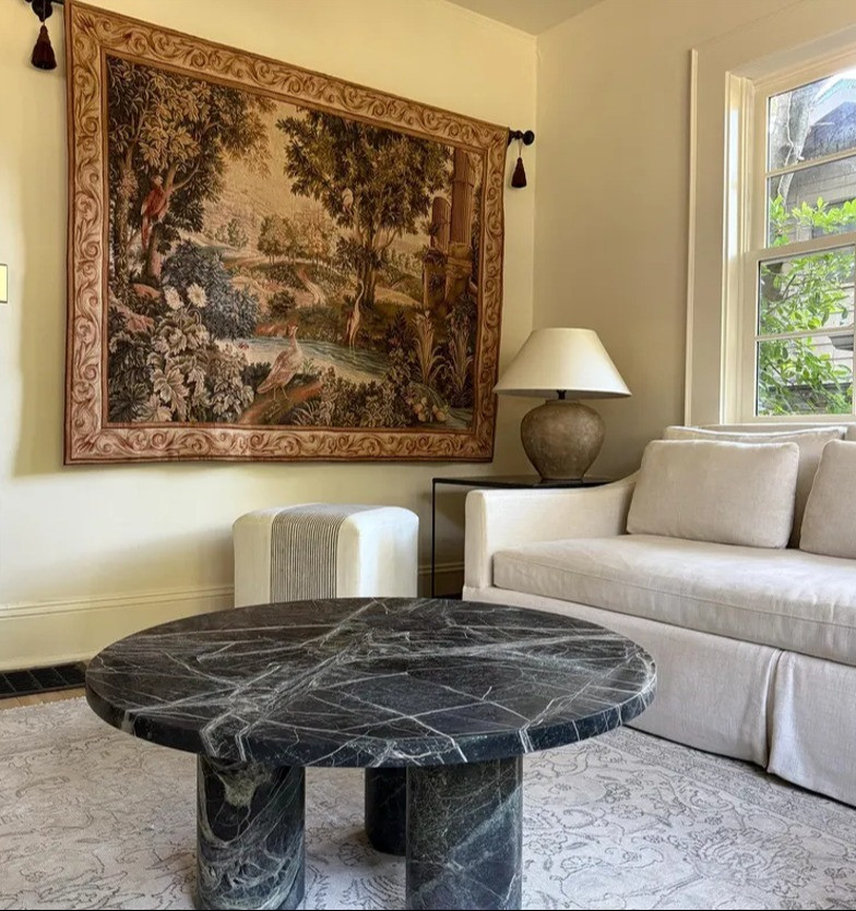 Create an elegant, old-world atmosphere with this Vintage Living Room Decor Inspo featuring the Verdure Aux Oiseaux II European Wall Tapestry. 

Verdure Aux Oiseaux II is a fine art French impressionist tapestry that features exotic birds amid a marvelous green landscape, and is surrounded by an arabesque border.

The tapestry's original design was woven in Oudenaarde at the beginning of the 18th century and is now at the Royal Museum in Brussels. Oudenaarde tapestries were very popular in France and some of its best craftsmen moved over to escape its hindering import duties.

Size: 60x76 inch
**Tassels and Rods are not included** 

 #LTKHome