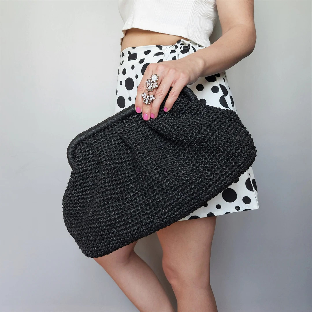 Black Raffia Bag, Black Straw Summer Pouch Bag, Black Wicker Handmade Clutch Bag for Women - Etsy | Etsy (US)