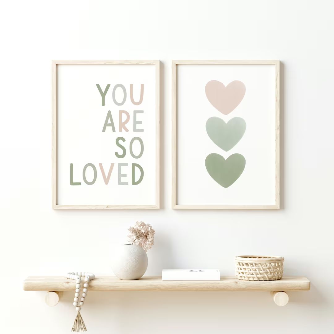 Set of 2 You Are So Loved Green Nursery Wall Art Digital Print, Boho Hearts Print for Baby Girls ... | Etsy (US)