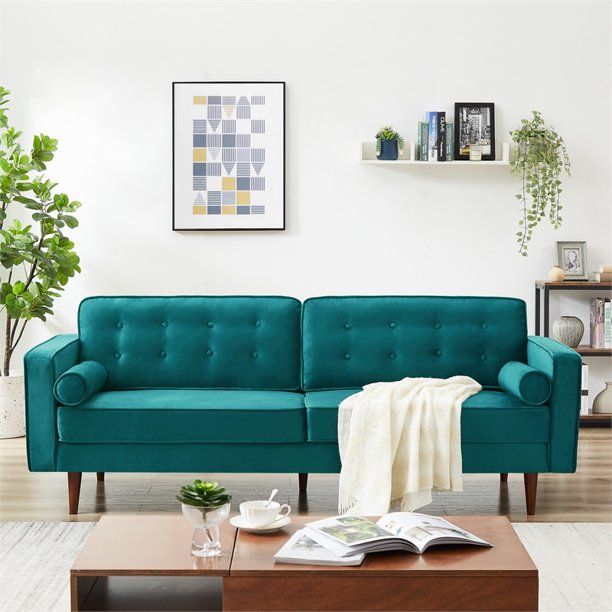 Harriet 84" Mid Century Modern Velvet Sofa Couch, Modern 2 Seater Sofa with 2 Bolster Pillows, Tu... | Walmart (US)