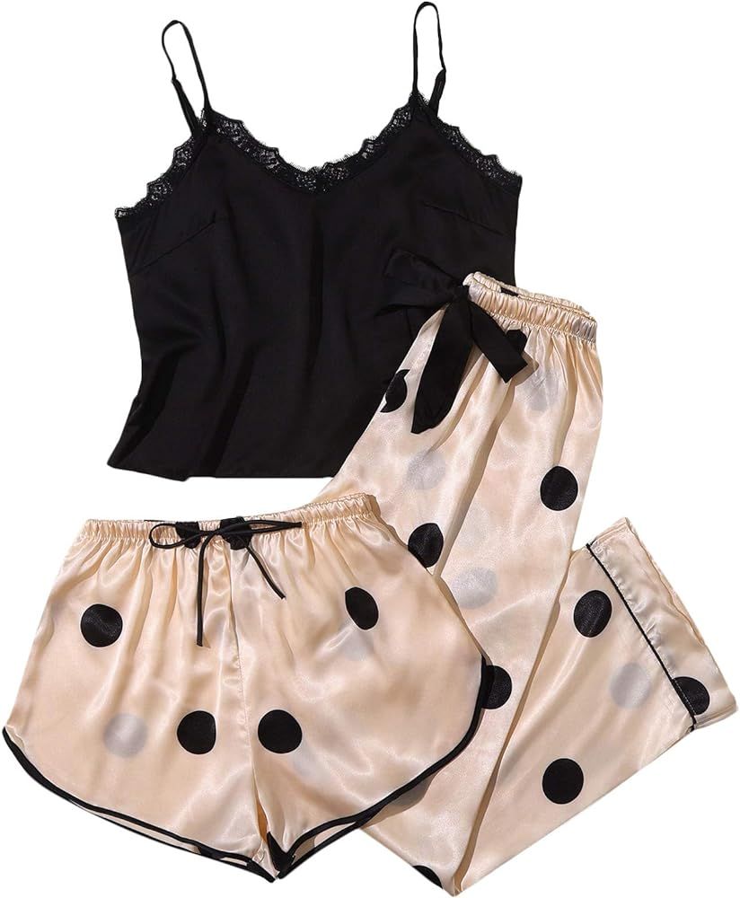 SheIn Women's 3 Piece Lace Trim Polka Dots Cami Top and Shorts Pants Satin Pajama Set | Amazon (US)