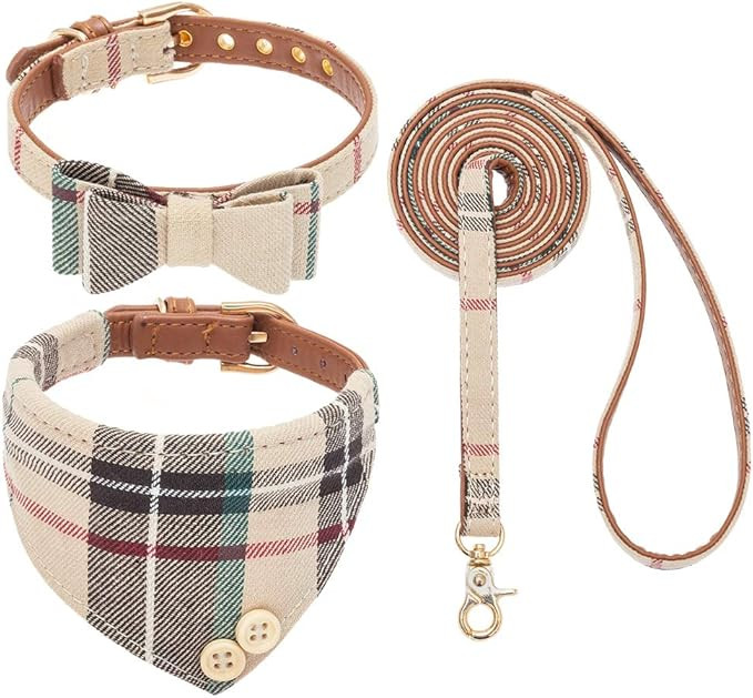 EXPAWLORER Dog Collar and Leash Set - Classic Plaid Dog Bow Tie and Dog Bandana Collar, Dog Leash... | Amazon (US)