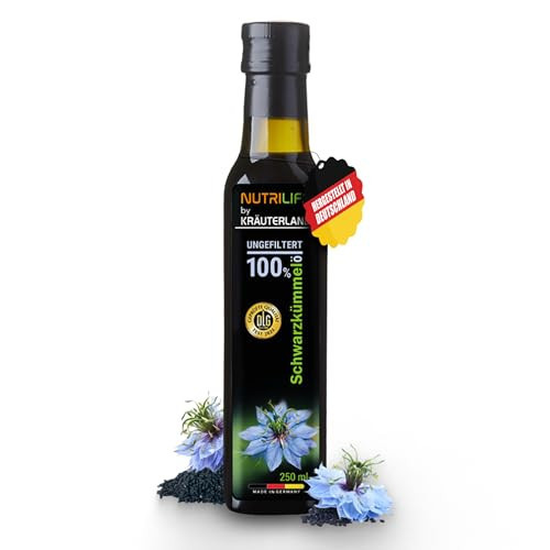 Kräuterland Schwarzkümmelöl 250ml, ungefiltert, Omega 3-6-9, ohne Zusatz von Aromen & Konservierungsstoffe, hoher Thymochinin, vegan, mild, kaltgepresst, mühlenfrisch aus unsrer hessischen Ölmühle | Amazon (DE)