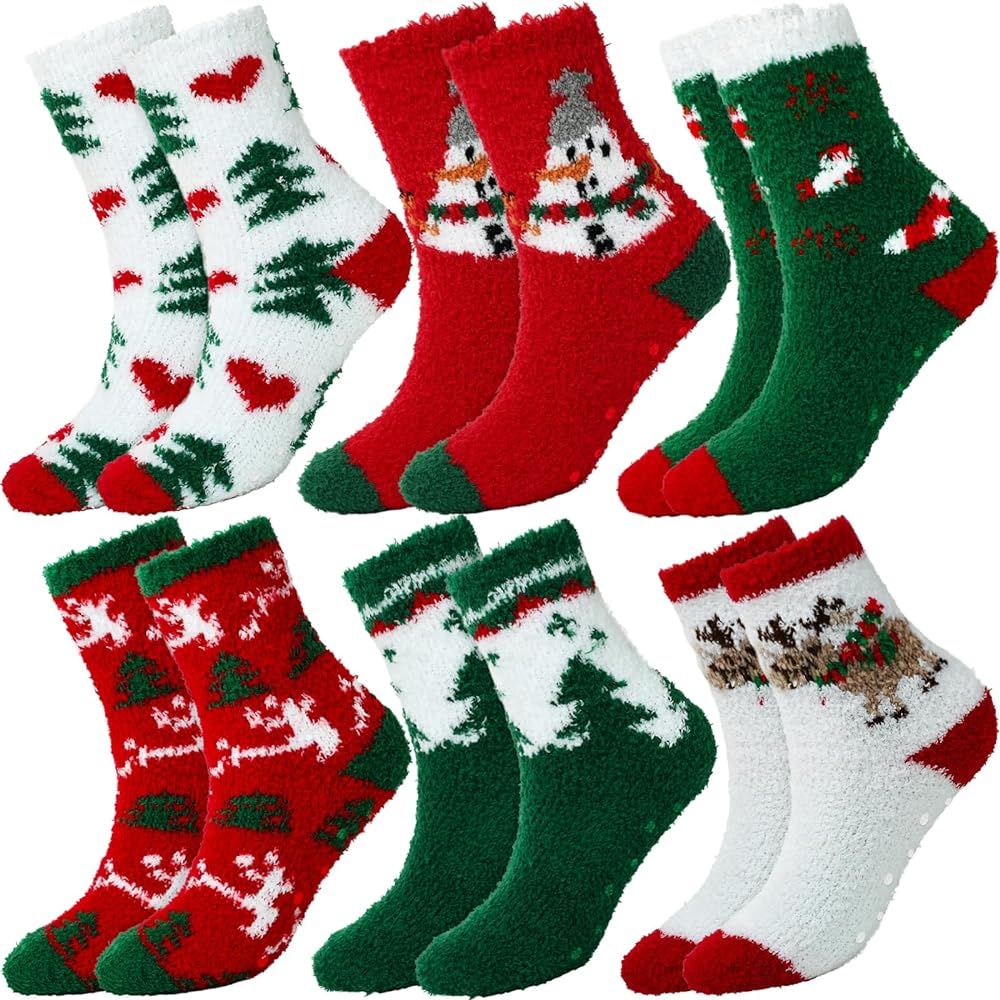 AURUZA 6 Pairs Christmas Socks Slippers - Fuzzy Socks for Women, Colorful Warm Fluffy Socks Chris... | Amazon (US)