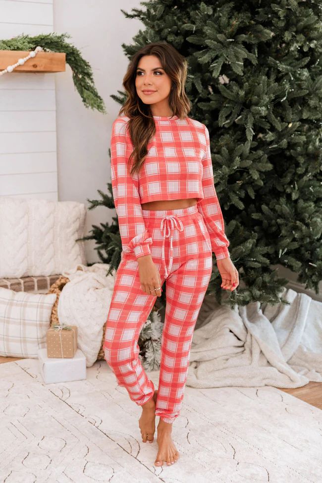 Quiet Nights Cropped Pink/Red Plaid Lounge Top FINAL SALE | The Pink Lily Boutique