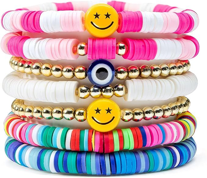 Amazon.com: Y1tvei 7Pcs Heishi Surfer Bracelets Set Colorful Preppy Happy Smile Evil Eye Beaded S... | Amazon (US)