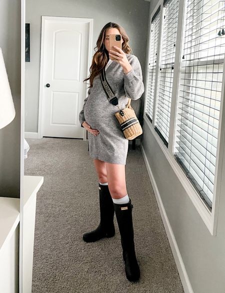 Amazon sweaters dress fits tts and is bump friendly! I’m 32 weeks here. White knee high socks are compression socks and great for all kinds of activities but I bought them for pregnancy because my feet are swollen. I’m wearing a size s/m and they are tight to get on but feel comfortable on my feet. 

#LTKSeasonal #LTKunder50 #LTKbump