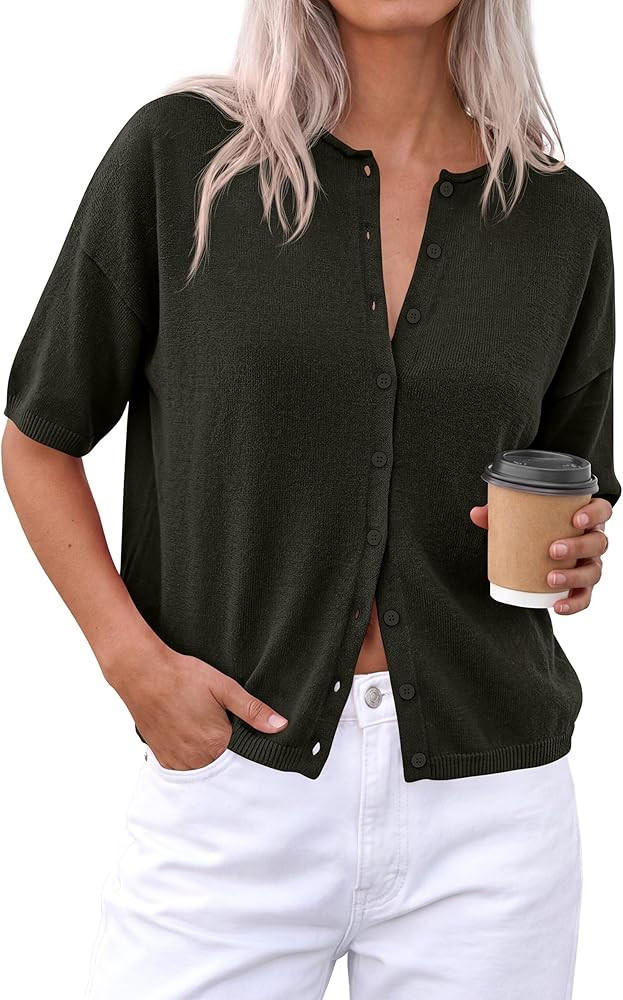 PRETTYGARDEN Women Spring Short Sleeve Cardigan Sweaters Button Down Knit Shirt Blouse Dressy Cas... | Amazon (US)