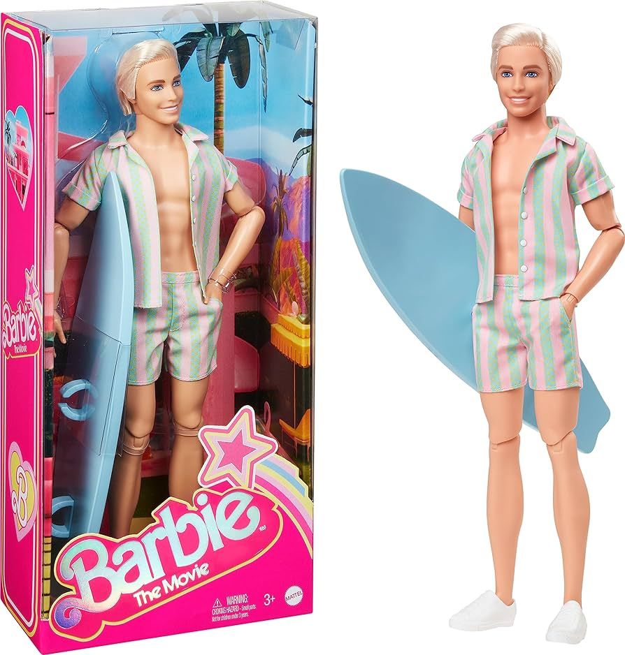 Barbie The Movie Ken Doll Wearing Pastel Pink and Green Striped Beach Matching Set with Surfboard... | Amazon (US)