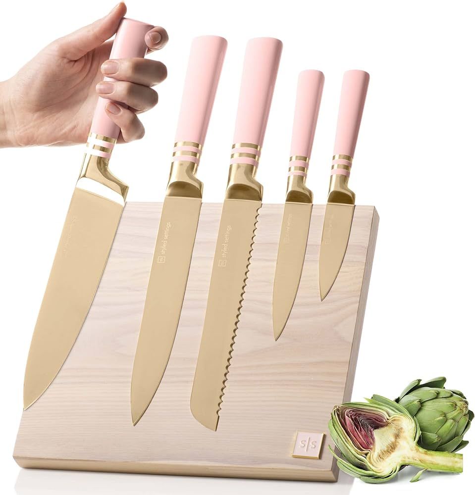 Styled Settings Pink Knife Set with Magnetic Knife Block - 6 PC Pink and Gold Knife Set with Bloc... | Amazon (US)