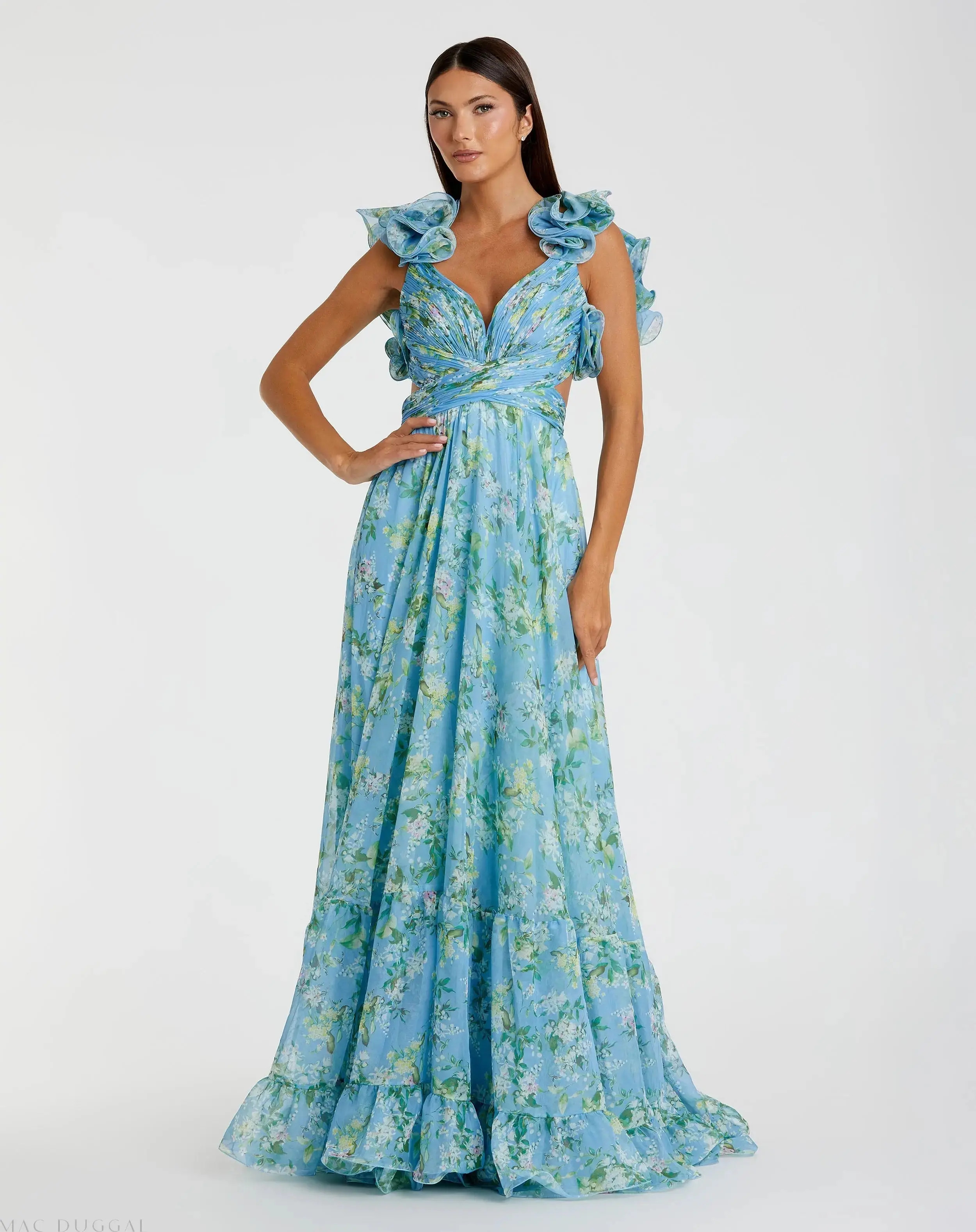 Blue Ruffle Tiered Floral Cut-Out Chiffon Gown | Mac Duggal | Mac Duggal