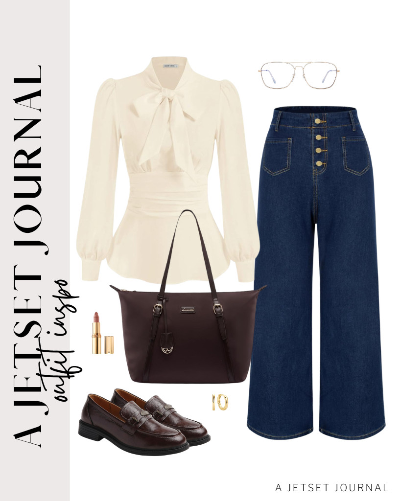 I love this long-sleeve peplum dressy shirt paired with wide-leg flare jeans. Adding loafers and blue-light blocking computer glasses will nicely style the outfit. 

 #LTKSeasonal #LTKSaleAlert #LTKTravel