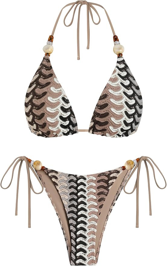 ZAFUL Women's Bikini Sets Beads Triangle Swimsuits 2 Piece String High Cut Cheeky Bathing Suits | Amazon (US)