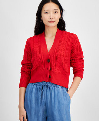 On 34th Women's Cropped V-Neck Cable-Knit Cardigan, Created for Macy's - Macy's | Macy's