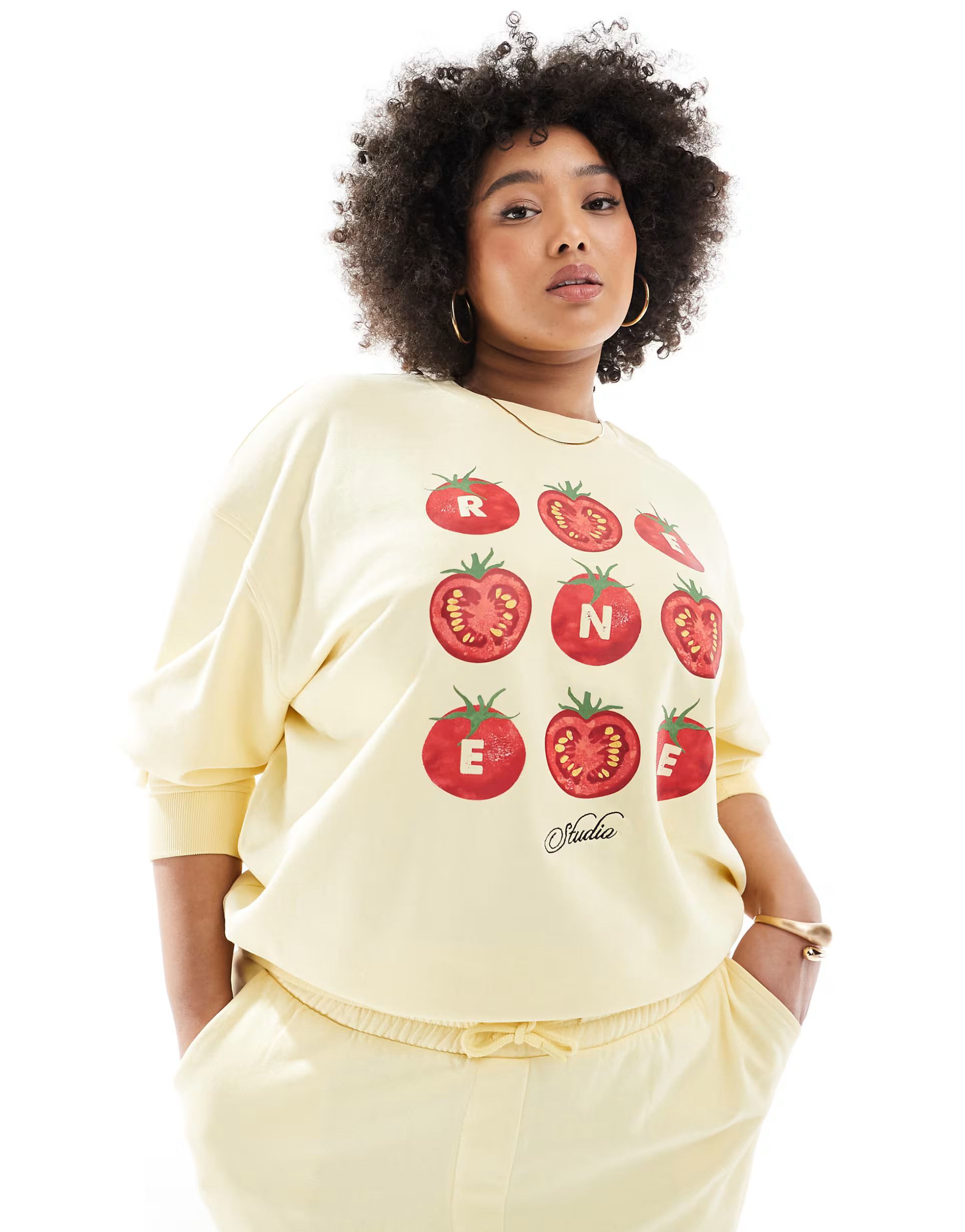Renee Studio exclusive sweatshirt with tomato logo graphic & joggers co-ord in butter yellow | ASOS (Global)