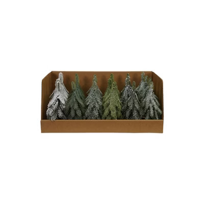 Storied Home 24-Piece Round Faux Evergreen Trees with Natural Wood Slice Bases, Ice Finish | Target
