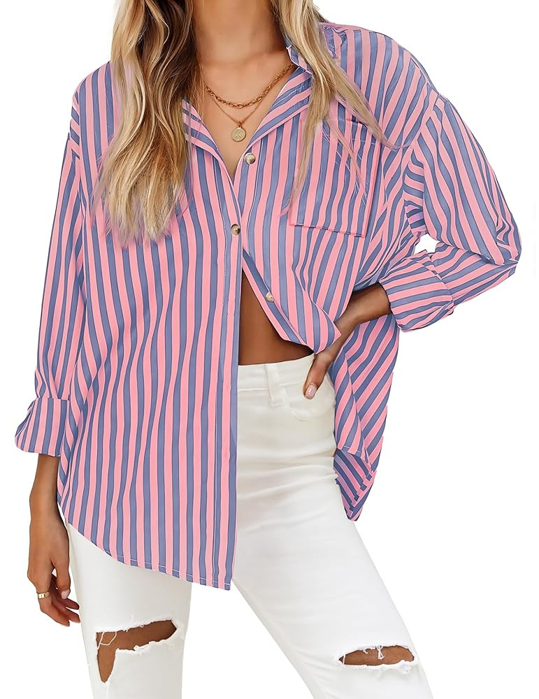 HOTOUCH Women's Striped Button Down Shirts Casual Long Sleeve Boyfriend Loose Collared Blouses To... | Amazon (US)