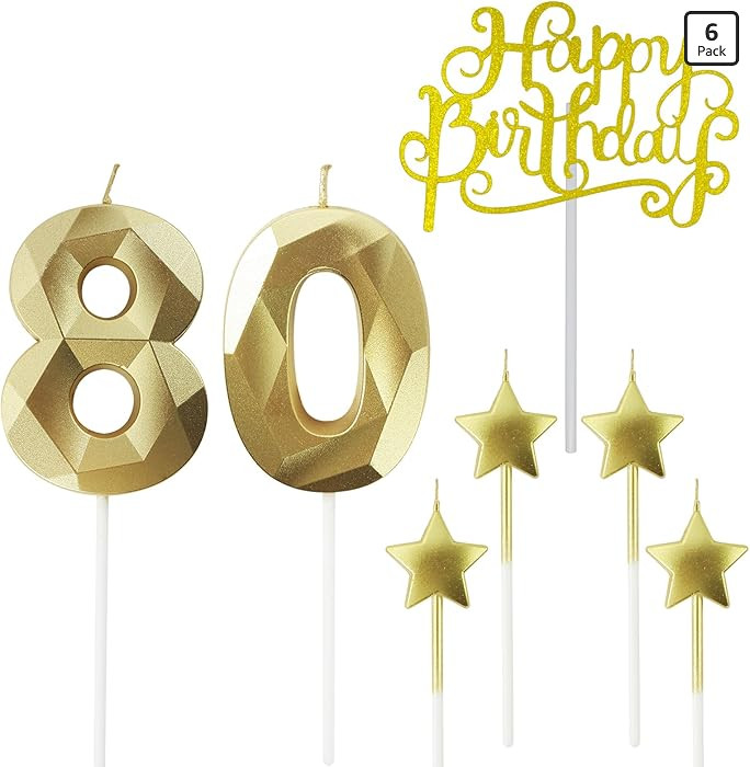 Golden number 80 birthday candles and star birthday candles 2.76 inch birthday cake candles 3D di... | Amazon (US)