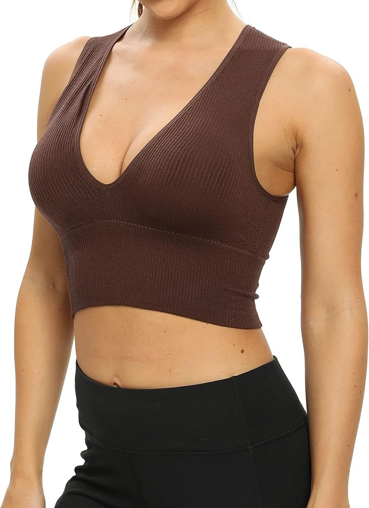 Venbond Women's Sexy Sleeveless Seamless Crop Top Deep Plunge V Neck Ribbed Tank Top with Removable  | Amazon (US)
