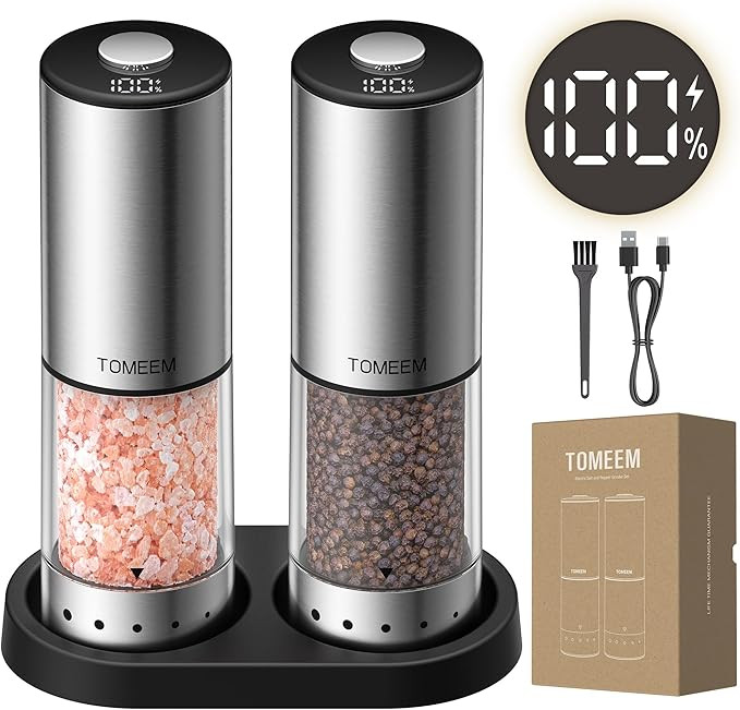 TOMEEM Rechargeable Electric Salt and Pepper Grinder Set, 115ml Large Capacity Stainless Steel Au... | Amazon (US)