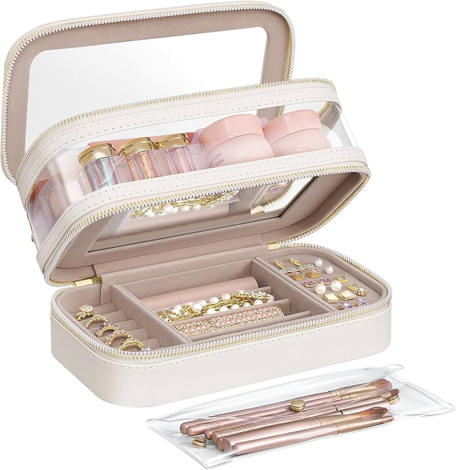 SONGMICS Makeup Bag with Mirror, with Jewelry Storage, Travel Makeup Bag, with Separate Brush Sto... | Amazon (US)