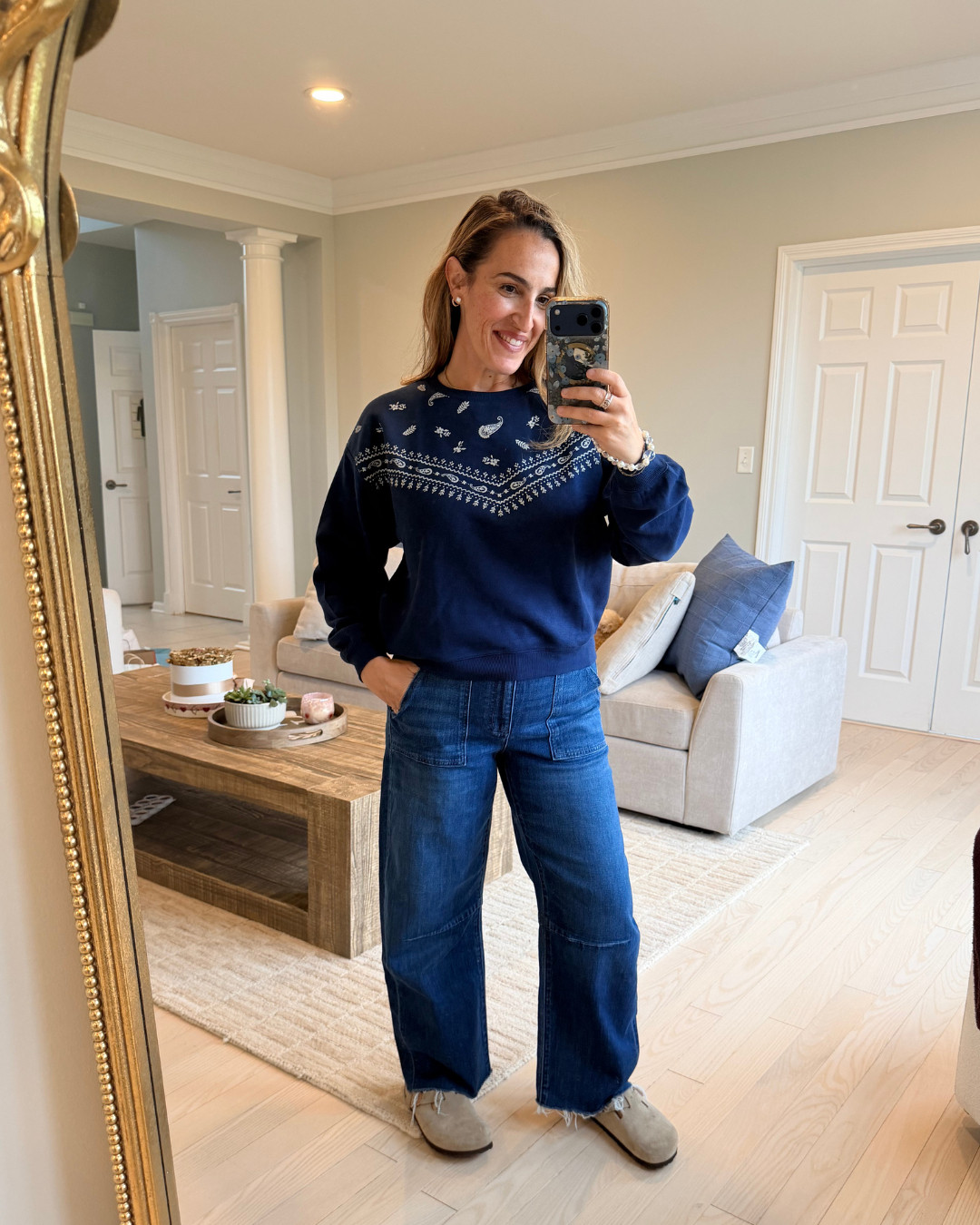 size medium in the sweatshirt and size 28 in the jeans! the sweatshirt is fleece lined and so cozy. Size up if you want an oversized fit.  

 #LTKootd #LTKmomlife #LTKOver40