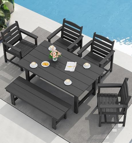 SERWALL Outdoor Dining Set for 6, HDPE Outdoor Furniture with Umbrella Hole & 1 Outdoor Bench & 4 Outdoor Dining Chairs, Black | Amazon (US)