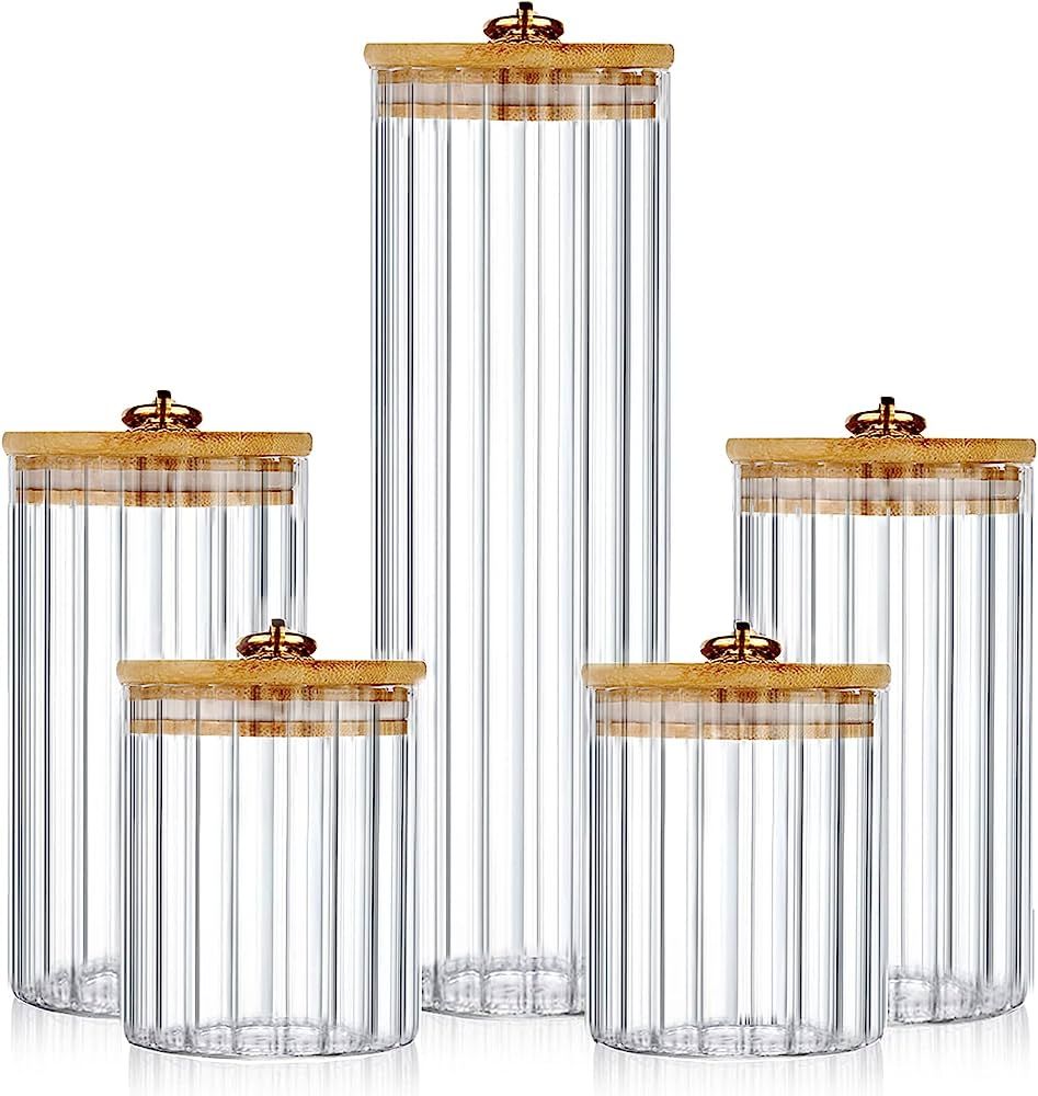 FANTESTICRYAN Glass Storage Jars Set of 5, Decorative Coffee Bar Container with Airtight Bamboo L... | Amazon (US)