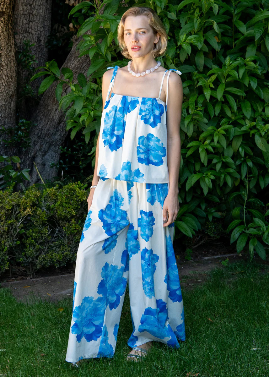 Eloise Cream and Blue Floral Print Wide Leg Pants | Benaar La