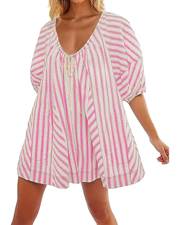 Women Striped Romper Summer Casual Scoop Neck Tie Up Puff Sleeve Oversized Jumpsuit Beach Outfits... | Amazon (US)