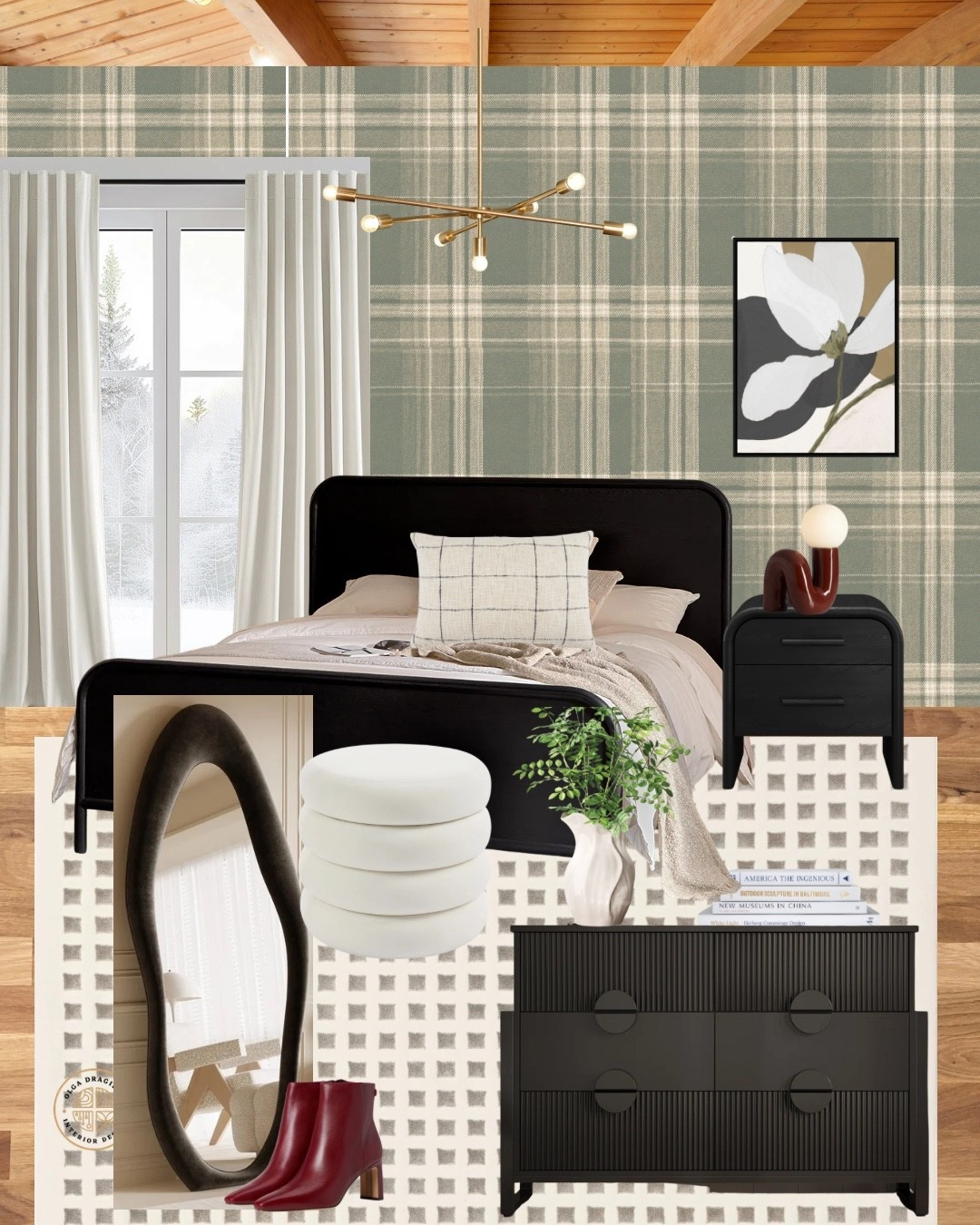 Cosy cabin-inspired bedroom. I love the black queen bed and nightstand from Article, white velvet curtains, plaid wallpaper, full length mirror, velvet storage ottoman and a black dresser, abstract wall art. #bedroom #homedecor

#LTKSeasonal #LTKHome #LTKTravel
