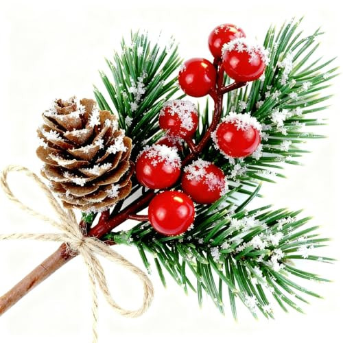 Puluole 10 Pcs Red Berries Pine Cones for Crafts - Evergreen Artificial Pine Branches Holly Stem,Christmas Tree Picks and Sprays,Artificial Flowers for Birthday Wedding Table Centerpiece Decor1 | Amazon (US)