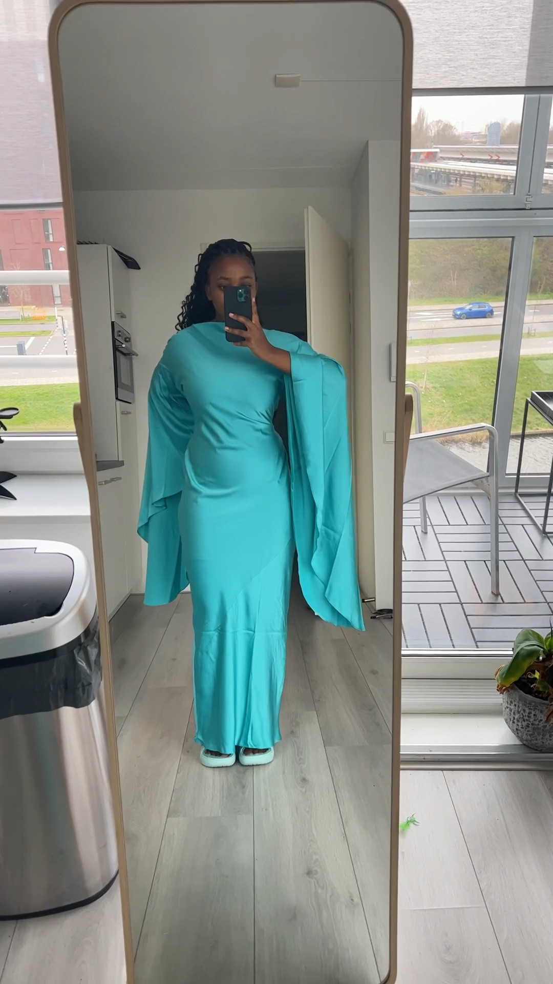 white christmas dresses & Other Stories satin long sleeve maxi dress with drape back in green – ASOS  Sample Sale main image 1