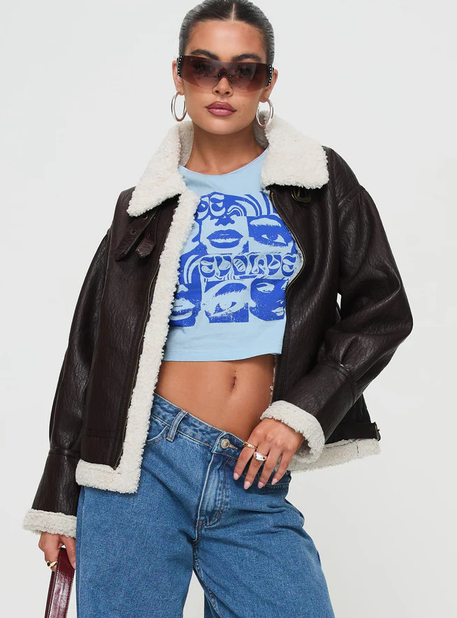 Zadar Faux Leather Shearling Jacket Chocolate | Princess Polly AU