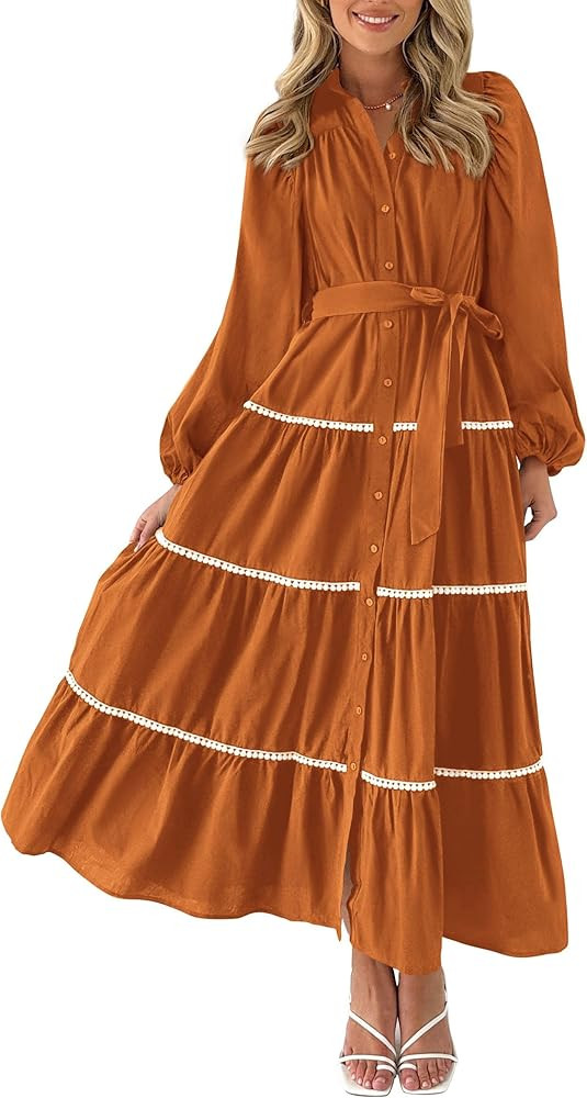 PRETTYGARDEN Womens Casual Dresses Loose Belted Long Lantern Sleeve Tiered Button Down Maxi Shirt... | Amazon (US)