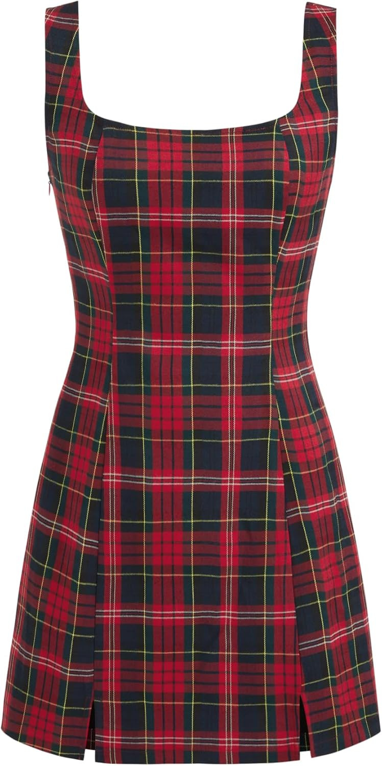 CIDER Mini Dress Plaid Checks Sleeveless Short Party Dress Scoop Neck Middle Waist Zipper Casual | Amazon (US)
