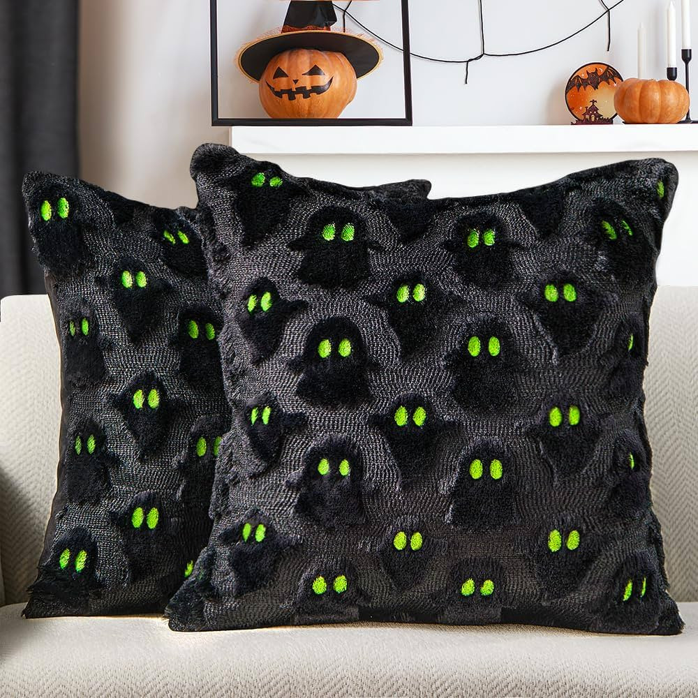 DFXSZ Halloween Pillow Covers 18x18 inch Set of 2 Black Ghost Throw Pillow Cases Soft Plush Faux ... | Amazon (US)