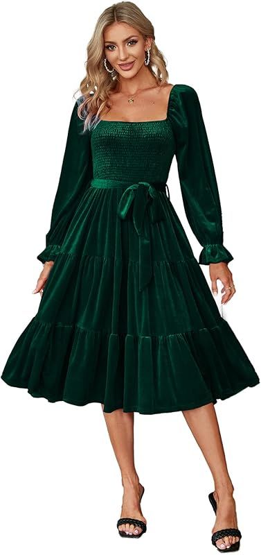 Amegoya Women's Long Sleeve Square Neck Velvet Dress 2022 Fall Prom Wedding Guest Dresses（S Dar... | Amazon (US)