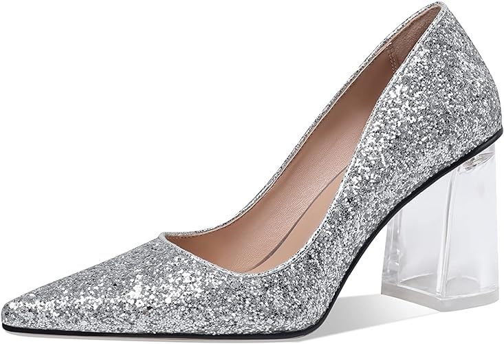 Women's High Chunky Heel Dress Pumps Shoes Sparkly Pointed Closed Toe Block Clear Heels for Women | Amazon (US)