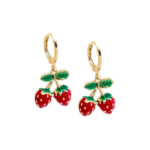 Colored Enamel Dangling Double Strawberry Huggie Earring | Adina Eden
