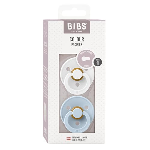 BIBS Pacifiers Colour Collection | Natural Rubber Baby Pacifier | Set of 2 BPA-Free Soothers | Made in Denmark | 0+ Months (Pack of 2) | Baby Blue/White | Amazon (US)