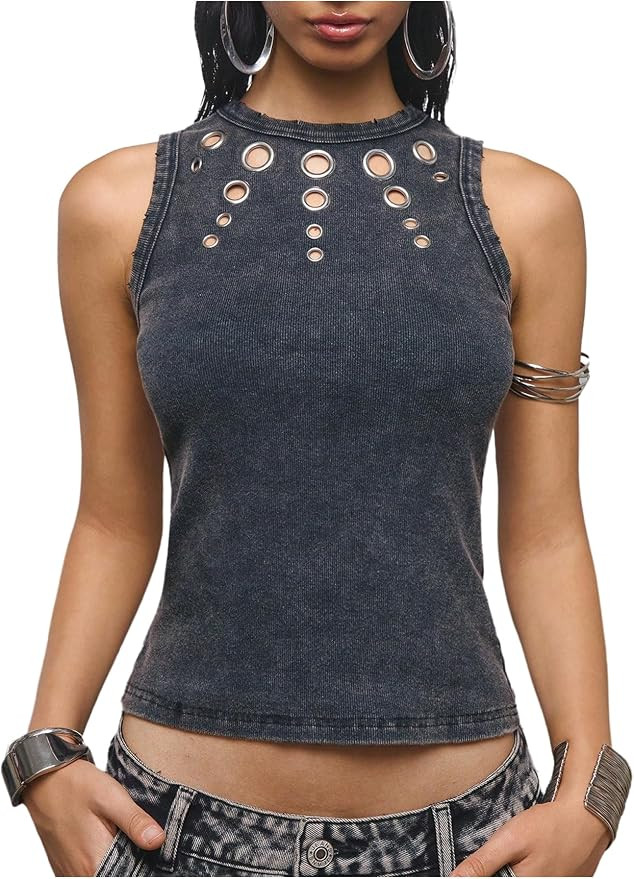 SweatyRocks Women's Y2k Grunge Crew Neck Distressed Concert Tank Tops Punk Rock Cut Out Sleeveles... | Amazon (US)