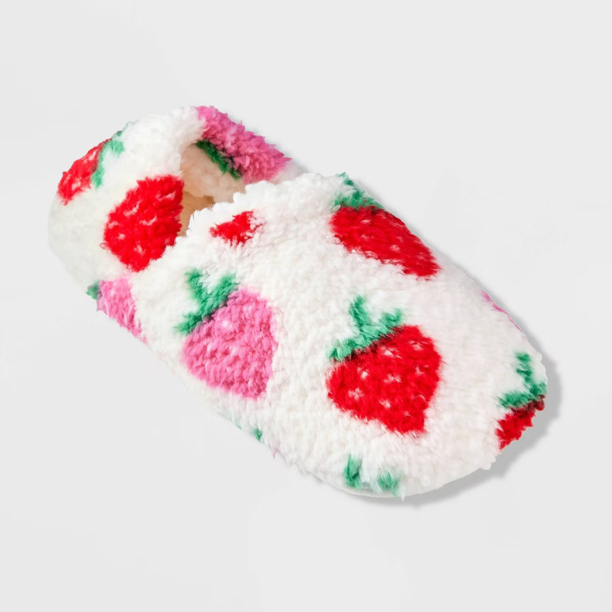 Women's Strawberry Print Cozy Fleece High Cut Pull-On Slipper Socks with Grippers - Ivory/Red M/L | Target