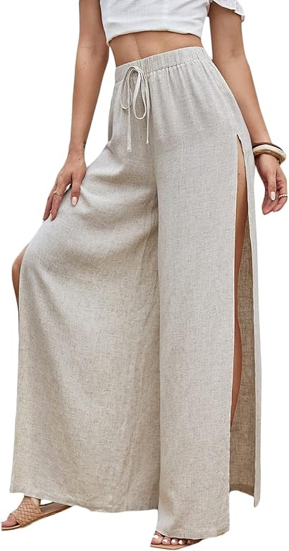 WDIRARA Women's Tie Front Elastic Waist Split Side Wide Leg Casual Pants | Amazon (US)