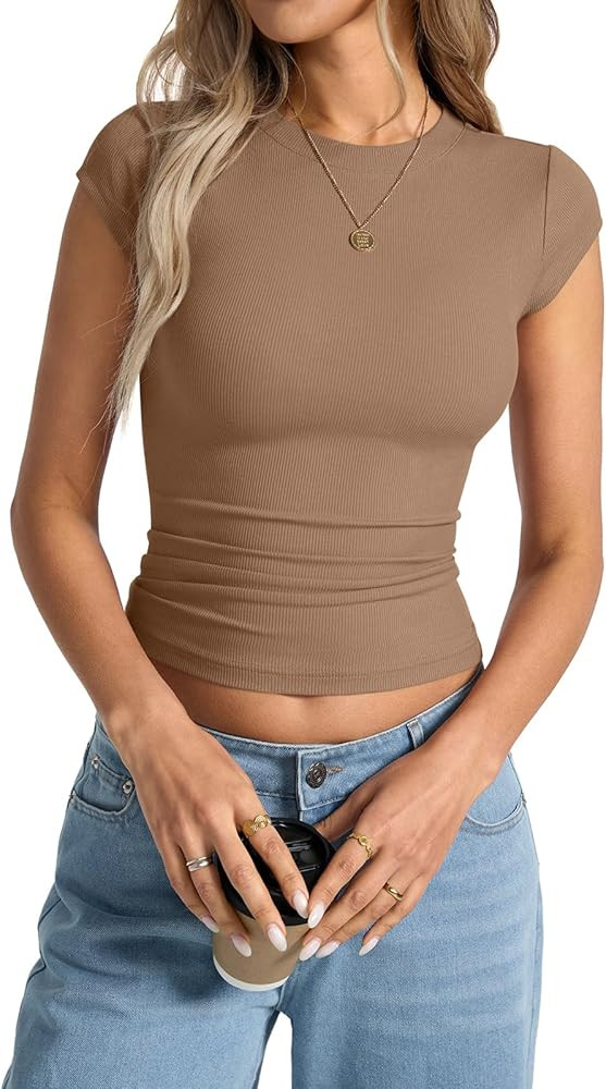 Womens Cap Sleeve Tops Summer Crew Neck Short Sleeve Shirts Slim Fit Basic Ribbed Tops Y2K 2025 G... | Amazon (US)